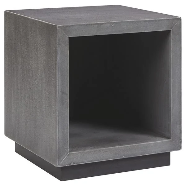 Benzara Faux Concrete Accent Table with Open Side Storage and Plinth Base, Gray
