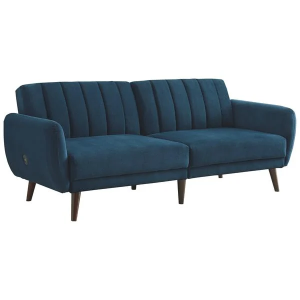 Benzara Fabric Upholstered Flip Flop Sofa with Channel Tufting, Blue