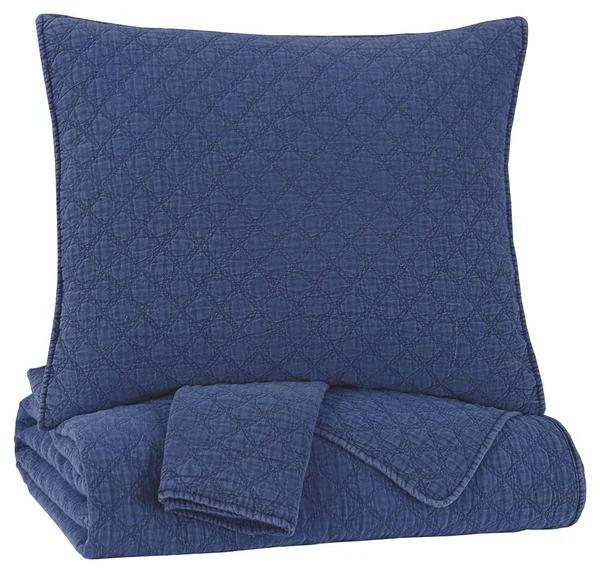 Benzara 3 Piece Diamond Quilted Polyester Queen Coverlet Set, Blue