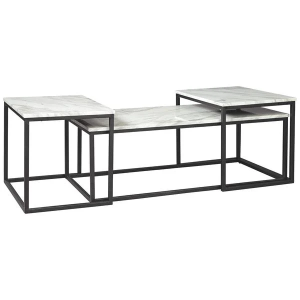 Benzara 3 Piece Metal Frame Occasional Table Set with Marble Top, White and Black