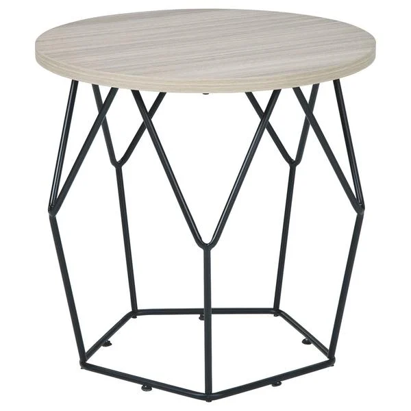 Benzara Wooden Top Round End Table with Open Geometric Base, Gray and Black
