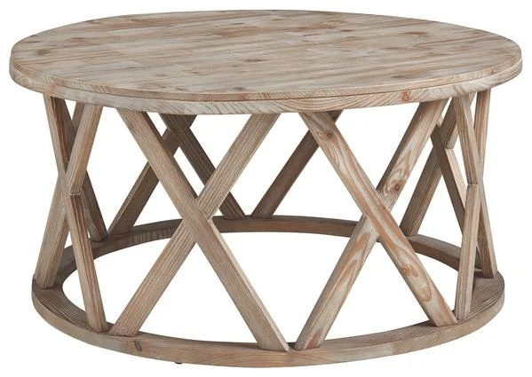 Benzara Wooden Plank Top Round Cocktail Table with X Shaped Motif Base, Light Brown