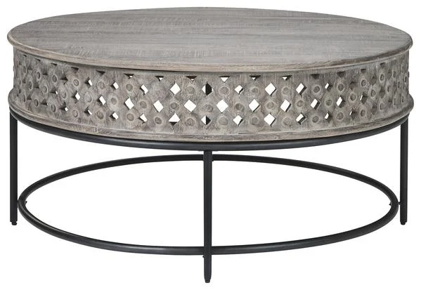 Benzara Wooden Round Cocktail Table with Hand Carved Lattice Design,Weathered Gray