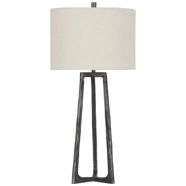 Benzara Hammered Tubular Metal Table Lamp with Fabric Drum Shade, Gray and White