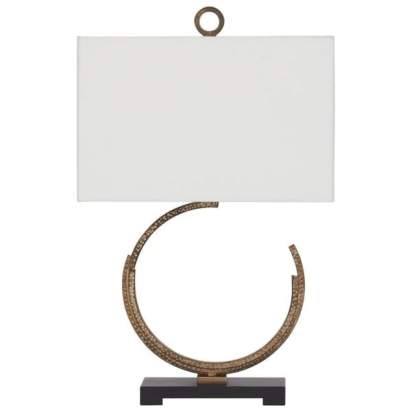Benzara Crescent Shape Metal Table Lamp with Fabric Drum Shade, Brass and White