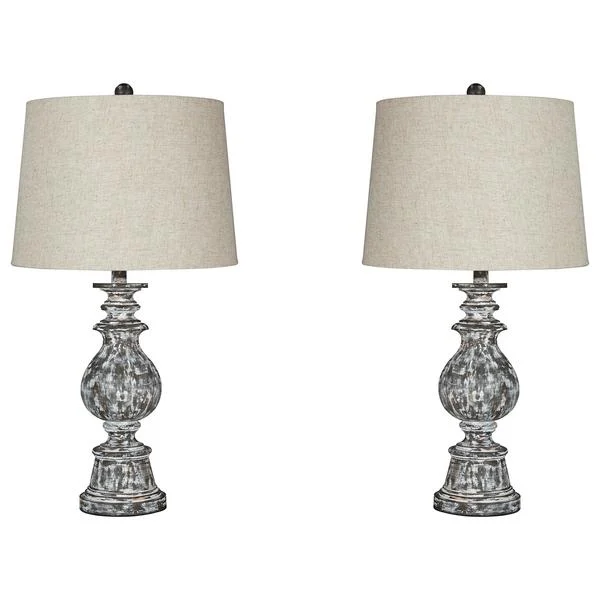 Benzara Pedestal Body Faux Wood Table Lamp with Tapered Fabric Shade,Set of 2,Gray