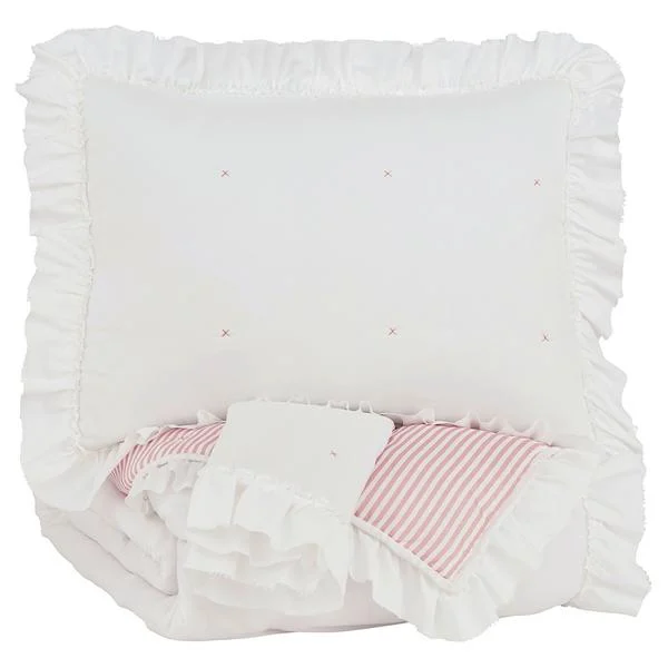 Benzara Flange Border Full Size Reversible Fabric Comforter Set with 2 Shams, White