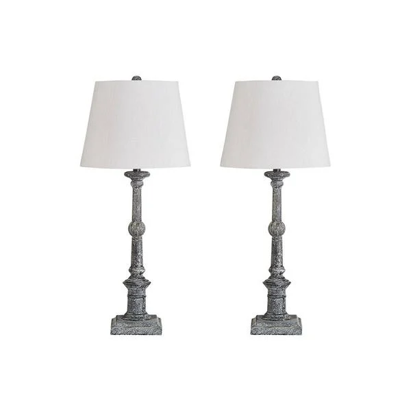 Benzara Turned Wooden Table Lamp with Fabric Drum Shade, Set of 2, Gray and White