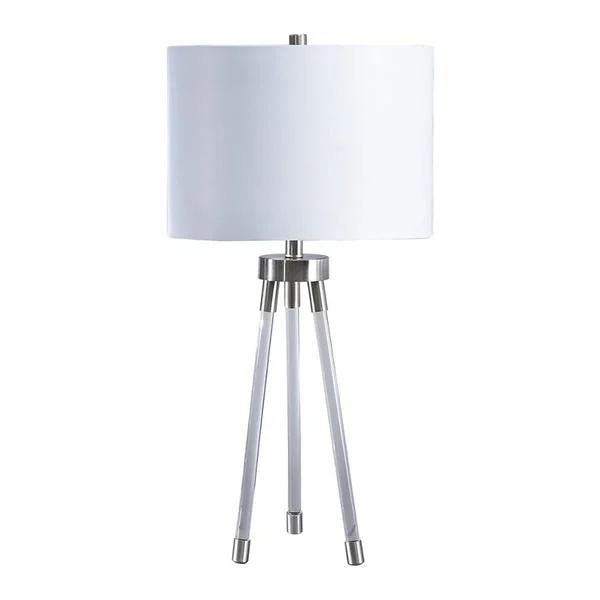 Benzara Acrylic Frame Table Lamp with Fabric Drum Shade, White and Clear