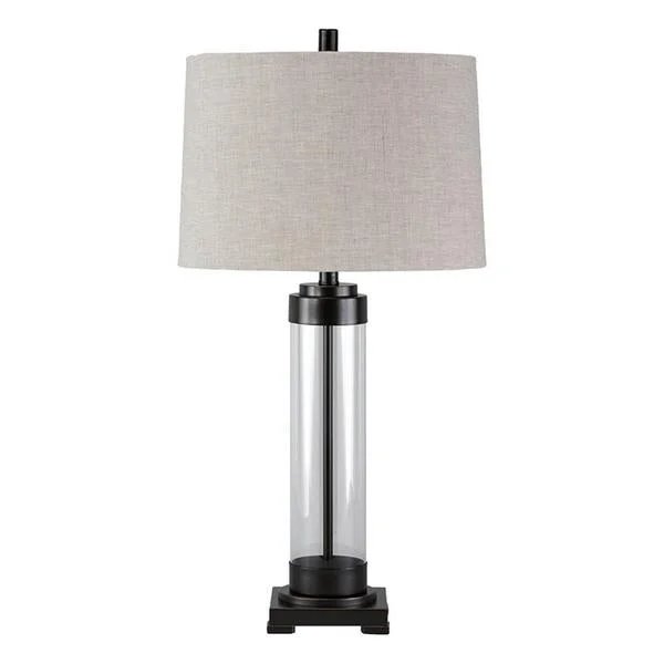 Benzara Glass and Metal Frame Table Lamp with Fabric Shade, Gray and Black
