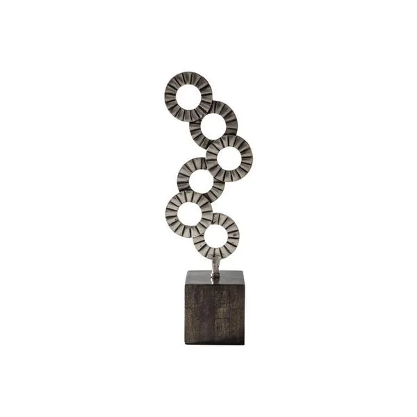 Benzara Stacked Ring Design Sculpture with Block Base, Silver and Black