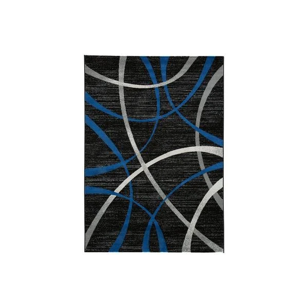 Benzara Machine Woven Fabric Rug with Swirls Pattern, Large, Black and Blue