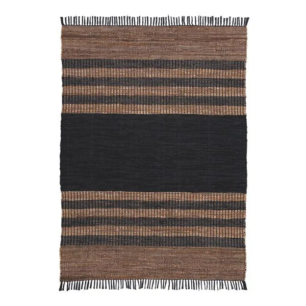 Benzara Hand Woven Fabric Rug with Stripes and Fringes, Medium, Black and Brown
