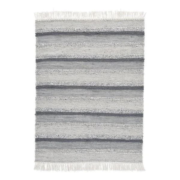 Benzara Rectangular Polypropylene Rug with Fringes and Stripe pattern, Medium, Gray