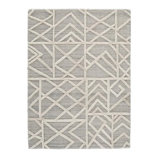 Benzara Rectangular Rug with Geometric Pattern and Woolen Pile, Medium, Gray