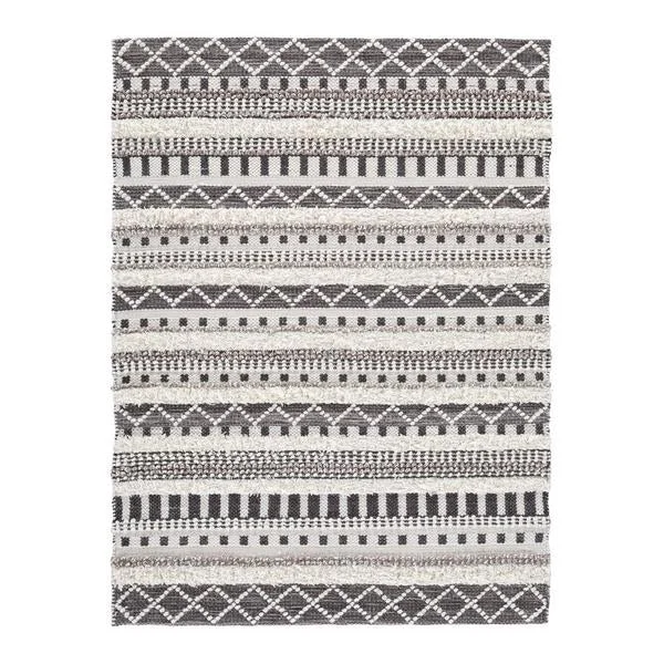Benzara Rectangular Woolen Rug with Tribal Pattern, Medium, Gray and Cream