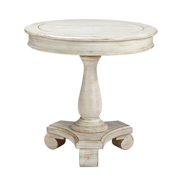 Benzara Wooden Round Accent Table with Pedestal Base, Antique White