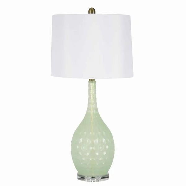 Benzara Glass Table Lamp with Hexagonal Pattern Bellied Base, Light Green