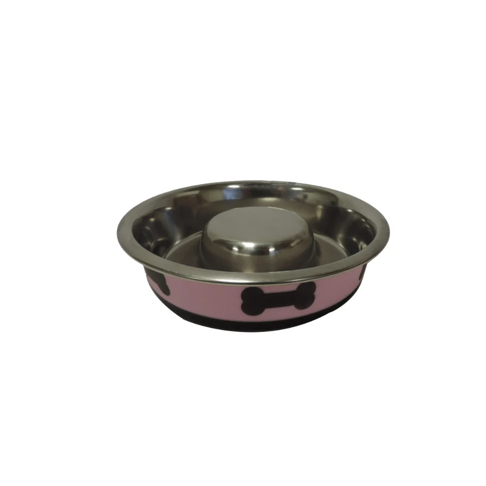 Benzara Slow Feeder Spill Proof Pet Bowl with Rubber Base and Bone Design, Pink and Black