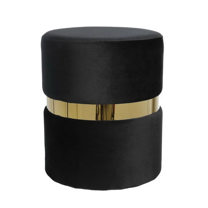 Benzara Contemporary Velvet Upholstered Round Ottoman, Black and Gold