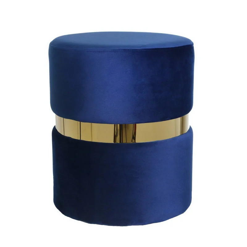 Benzara Contemporary Velvet Upholstered Round Ottoman, Blue and Gold