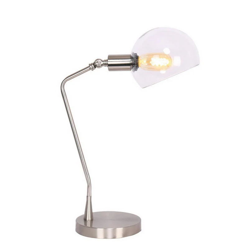 Benzara 17 Inches Metal Frame Desk Lamp with Glass Shade, Silver