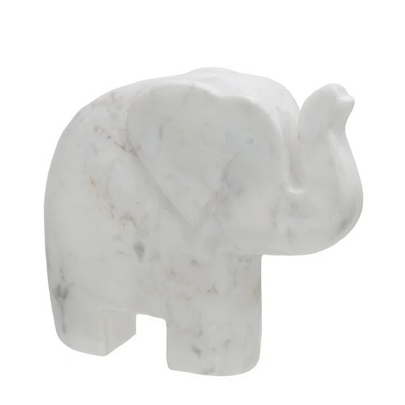 Benzara 9 Inches Marble Frame Elephant Figurine with Raised Trunk, White