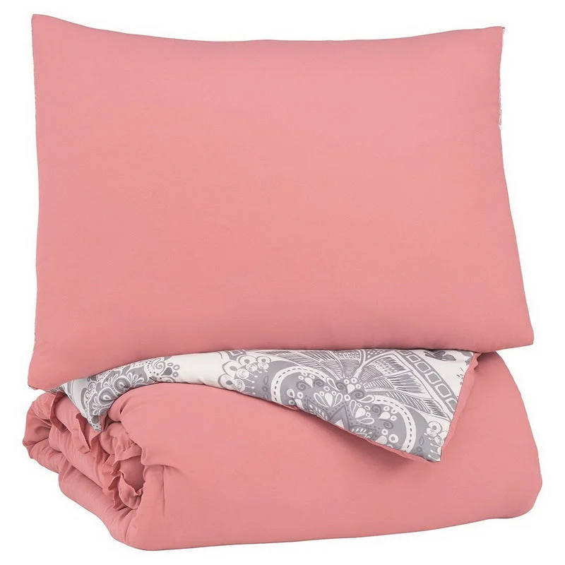Benzara Twin Size Reversible Fabric Comforter Set with 1 Sham and Ruffles, Pink