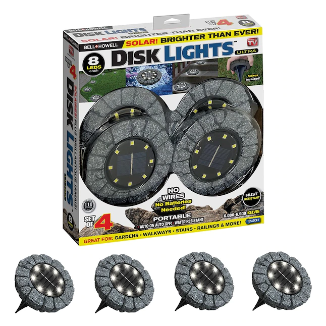 Bell+Howell 4 Packs Disk Lights Solar Ground Lights Stone Dark Gray (80-Lumen 3-Watt) – Upgraded Wireless Solar Garden Waterproof Lighting 8 LED Bulbs for Patio, Garden, Yard, As Seen On TV
