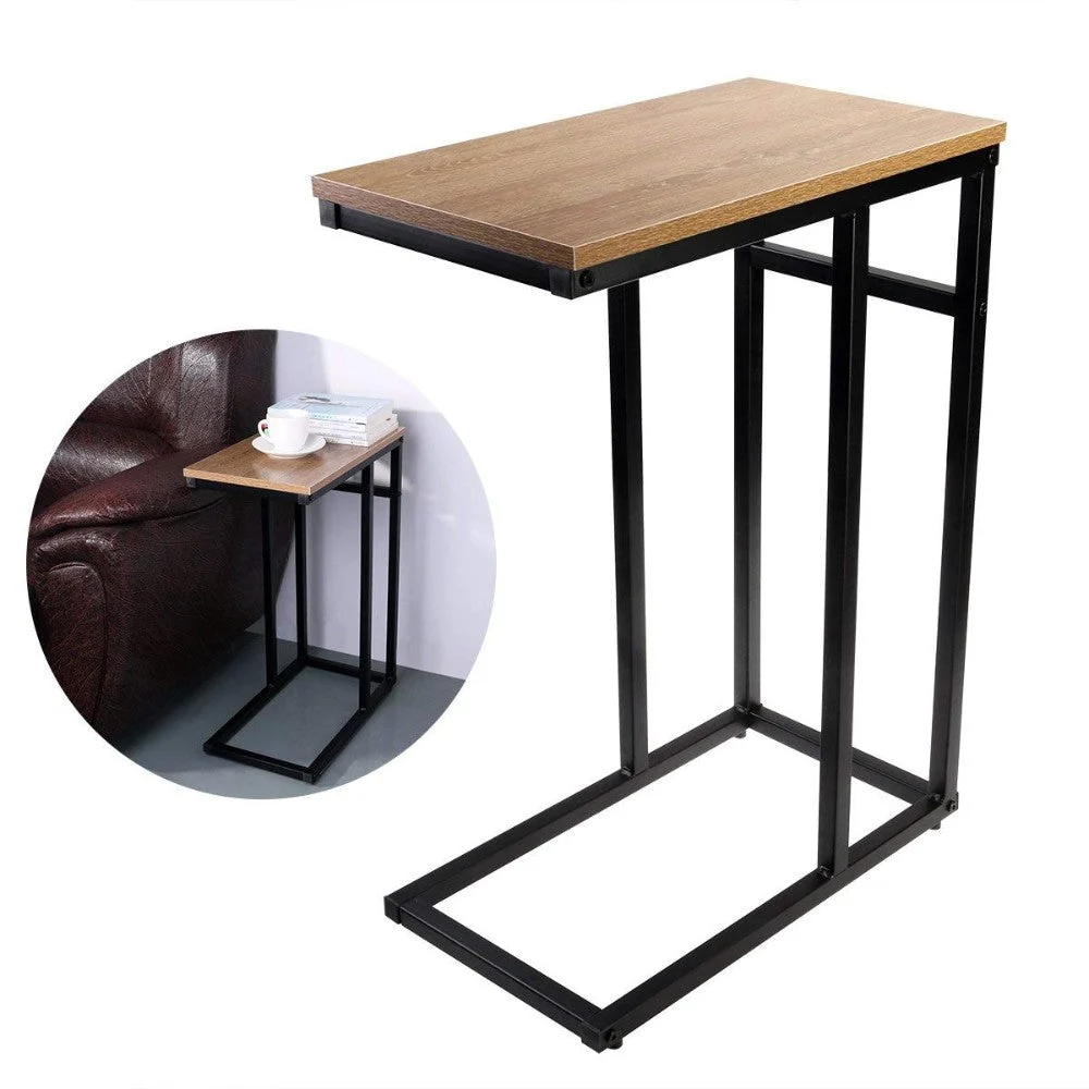 Benzara Smooth Top Snack Side End Table with Iron Framed Base, Natural Brown and Black