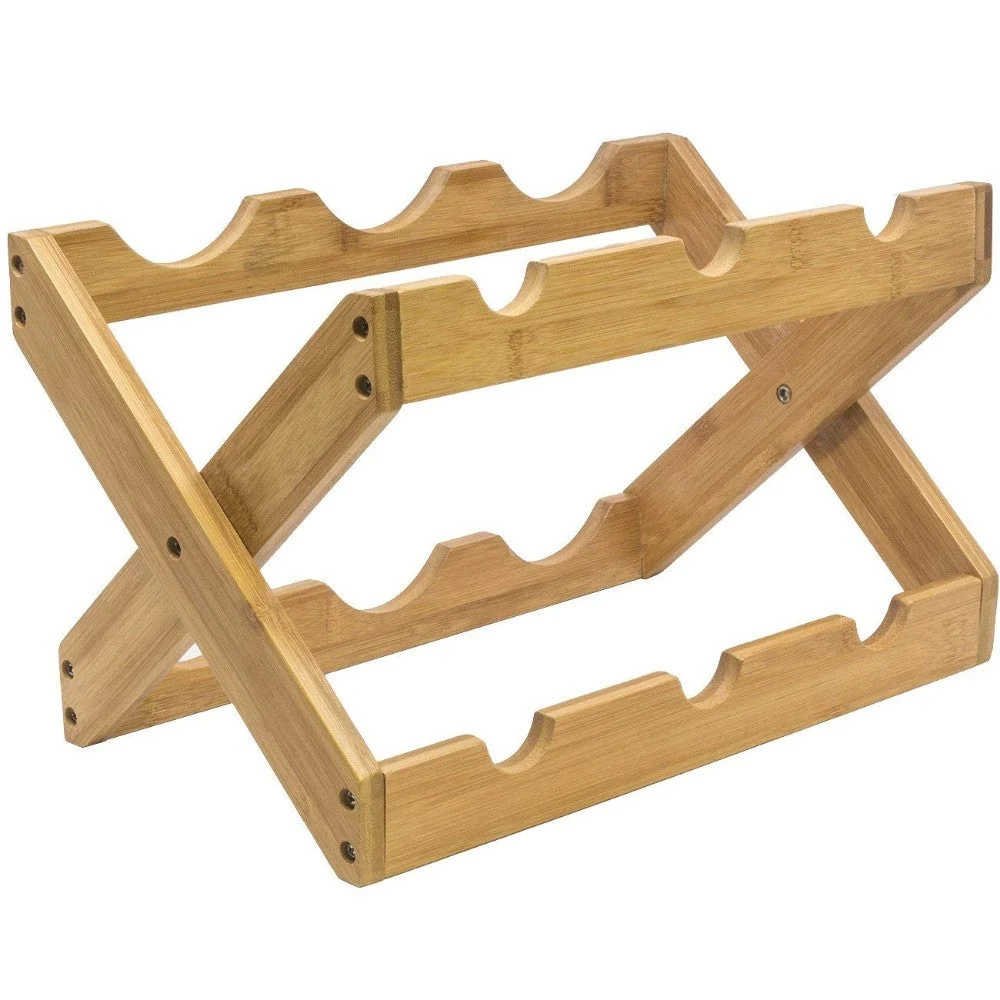 Benzara Bamboo Wood Foldable 6-Bottles Counter Top Wine Rack, Natural Wood Brown