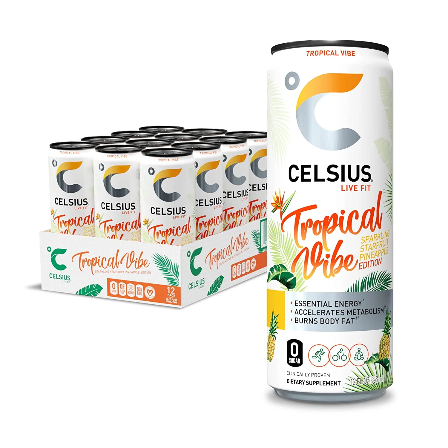CELSIUS Essential Energy Drink 12 Fl Oz, Zero Sugar, Sparkling Tropical Vibe (Pack of 12)