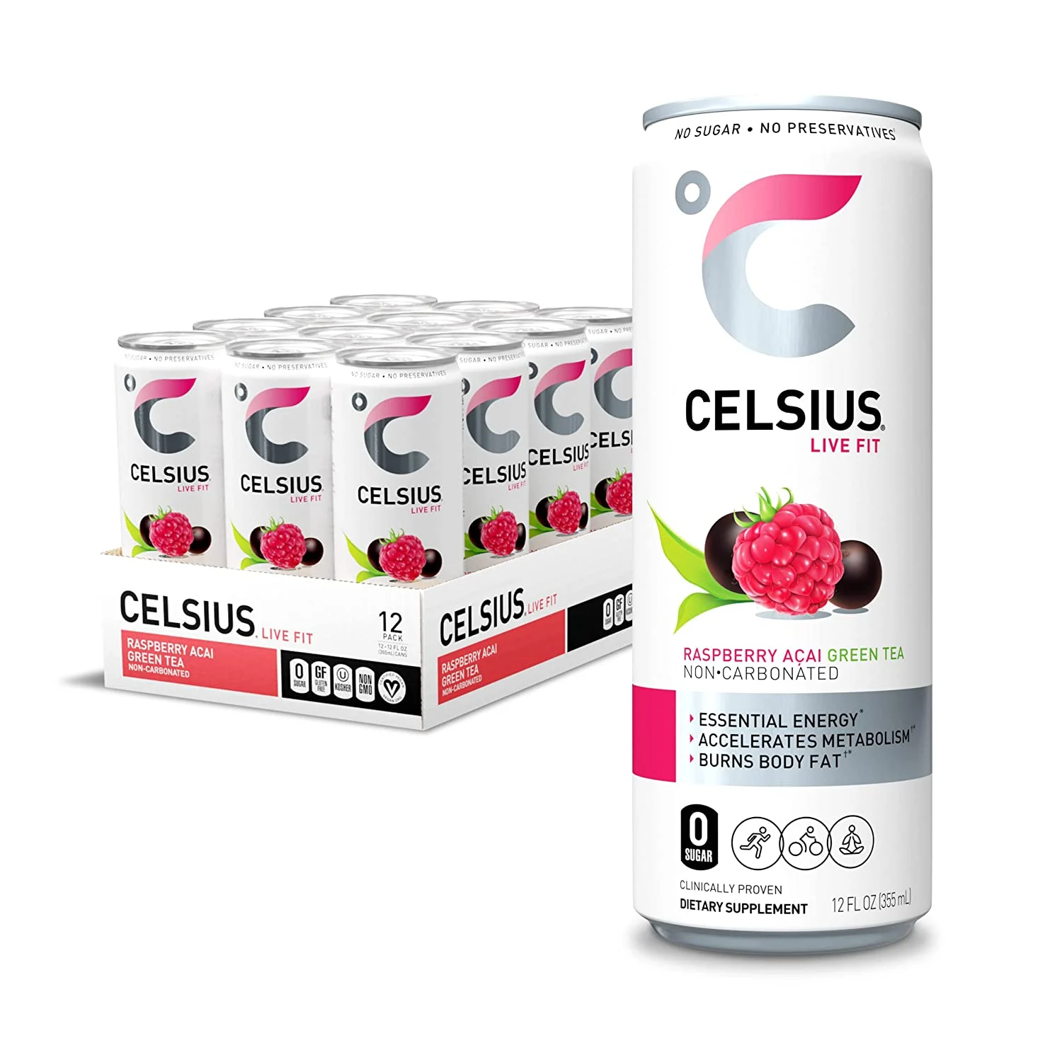 CELSIUS Essential Energy Drink, Raspberry Acai Green Tea, 12 Fl Oz (Pack of 12)