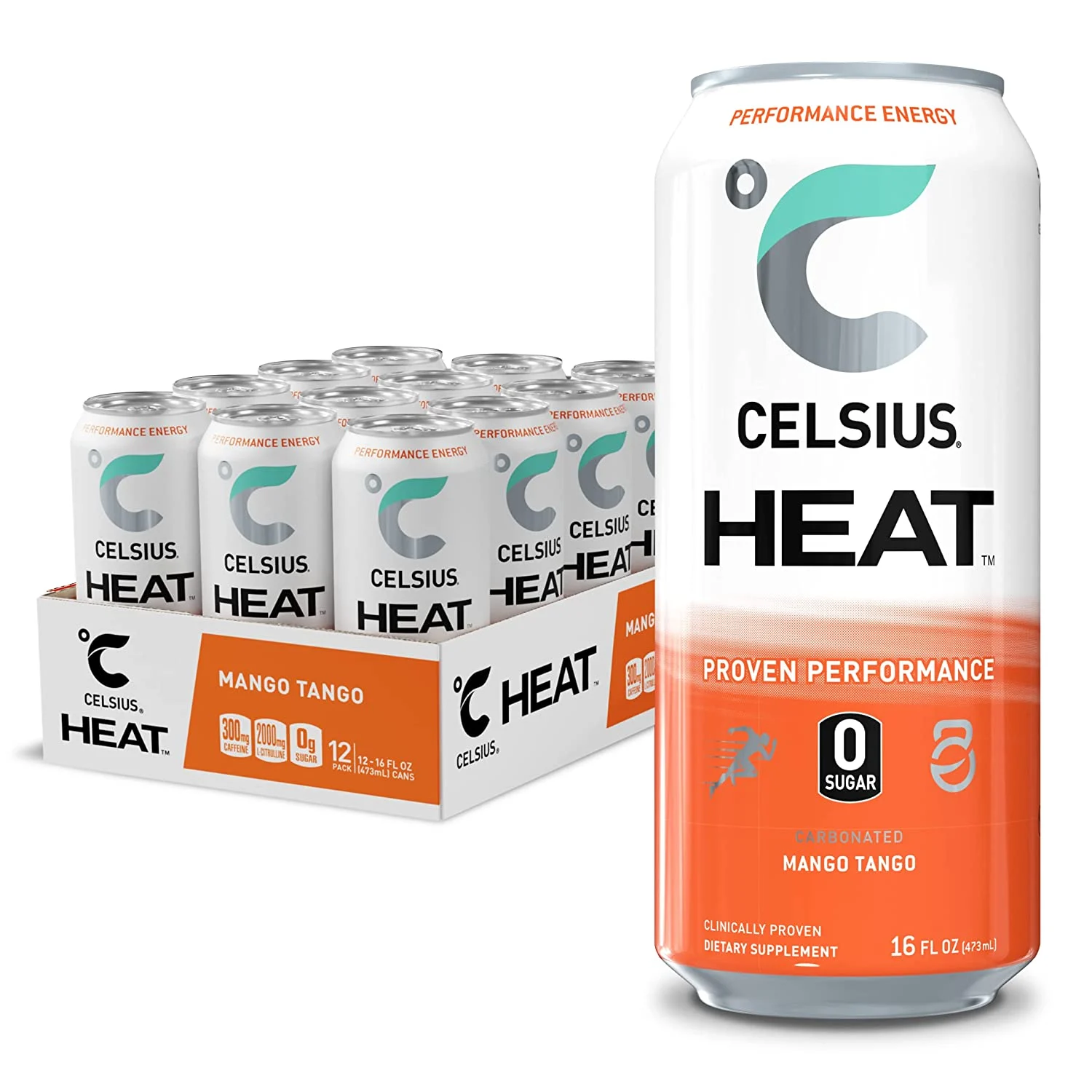 CELSIUS HEAT Performance Energy Drink 16 Fl Oz, Mango Tango (Pack of 12)