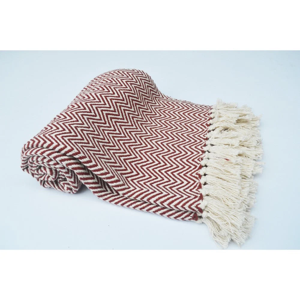 Benzara Chevron Patterned Cotton Throw, Rust and Ivory