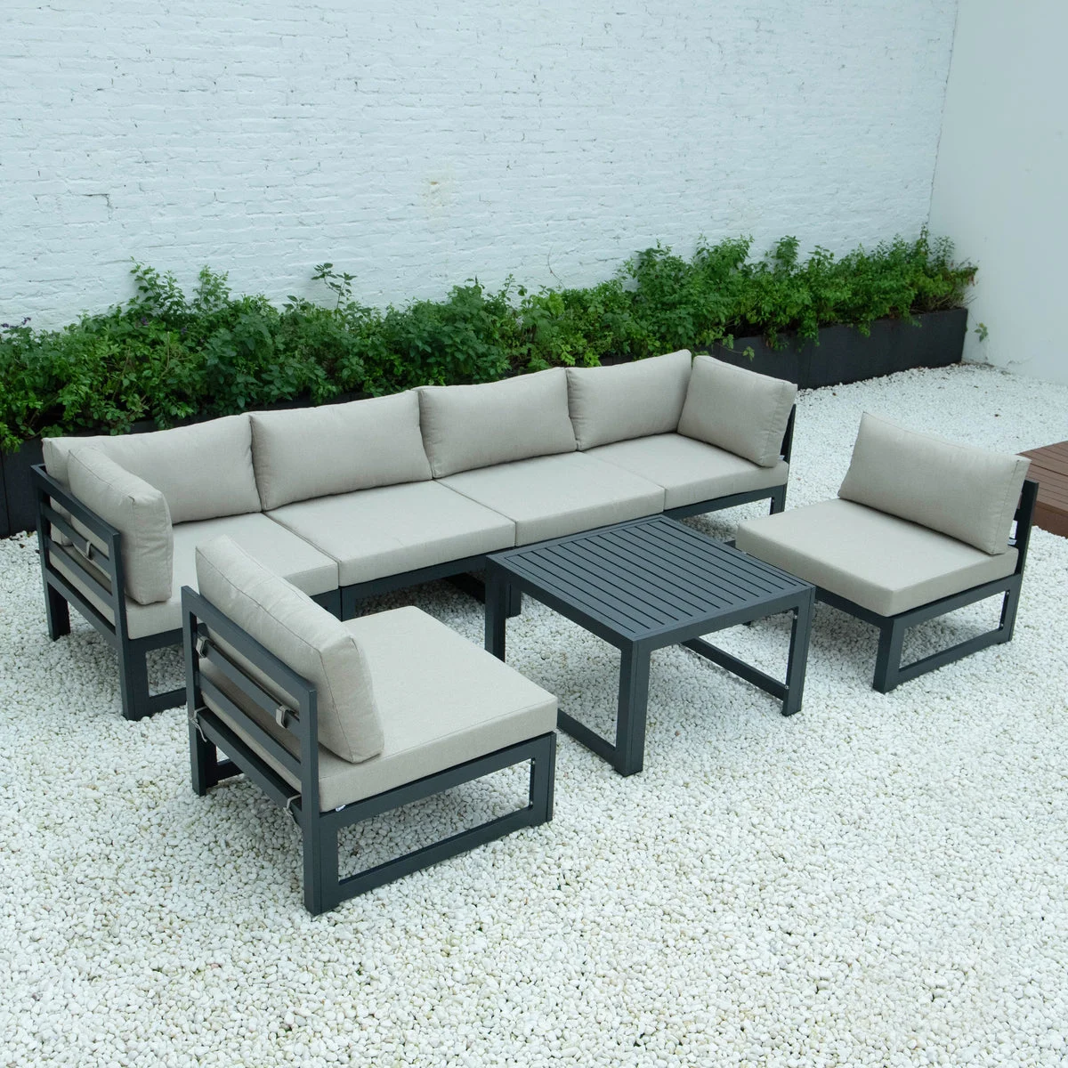 LeisureMod Chelsea 7-Piece Patio Sectional And Coffee Table Set Black Aluminum With Cushions