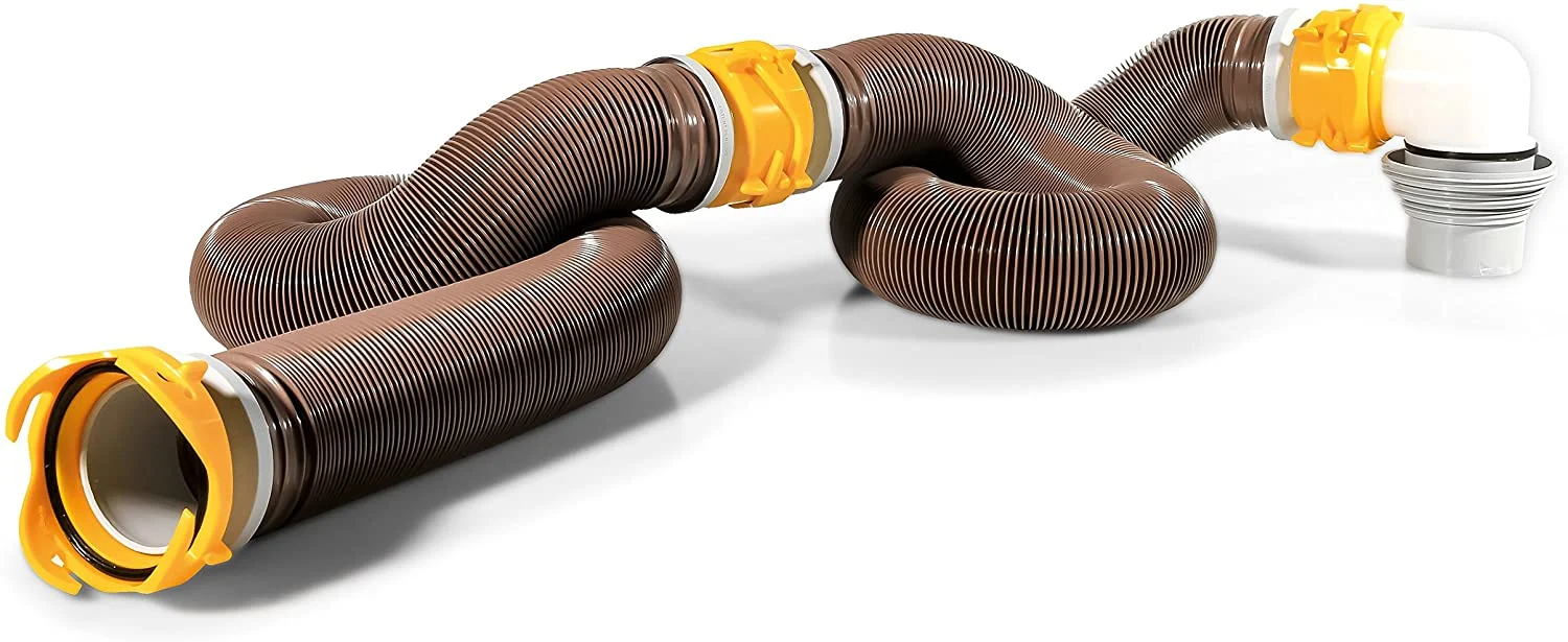 Camco 39625 Revolution 20′ Sewer Hose Kit with 360 Degree Swivel Fittings and 4-in1 Elbow Adapter, Brown