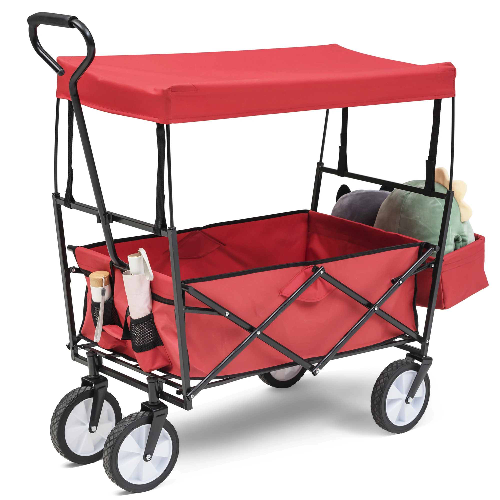 Collapsible Wagon Folding Cart with Canopy Beach Garden Outdoor Sport Utility Cart Wheels Adjustable Handle Rear Storage, Red, 49.2 x 20.5 x 45.27 inches