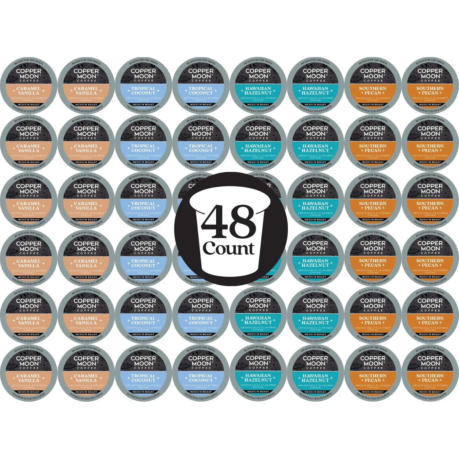 Copper Moon Single Serve Coffee Pods for Keurig K Cup Brewers, Flavored Variety Pack, Medium Roast Coffee, 48 Count (12 each: Caramel Vanilla, Tropical Coconut, Hawaiian Hazelnut, Southern Pecan)