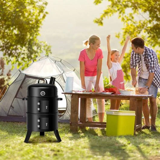Costway 3-in-1 Portable Round Charcoal Smoker BBQ Grill with Built-in Thermometer