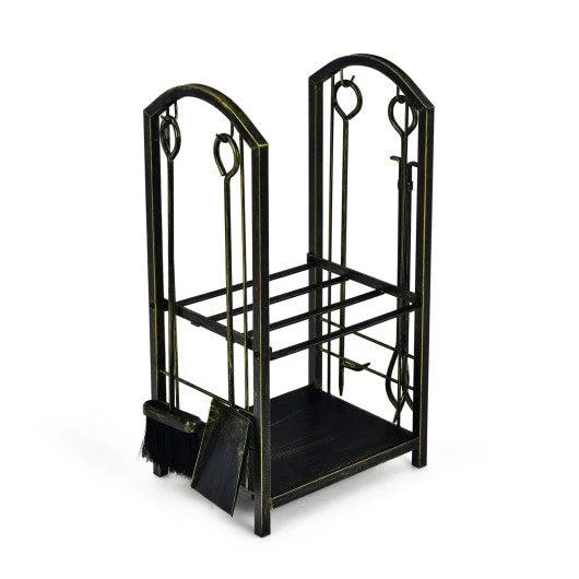 Costway Fireplace Log Rack with 4 Pieces Fireplace Tools - Bronze