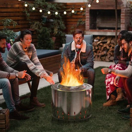 Costway Silver Smokeless Stainless Steel Fire Pit with Ash Pan for Yard Camping