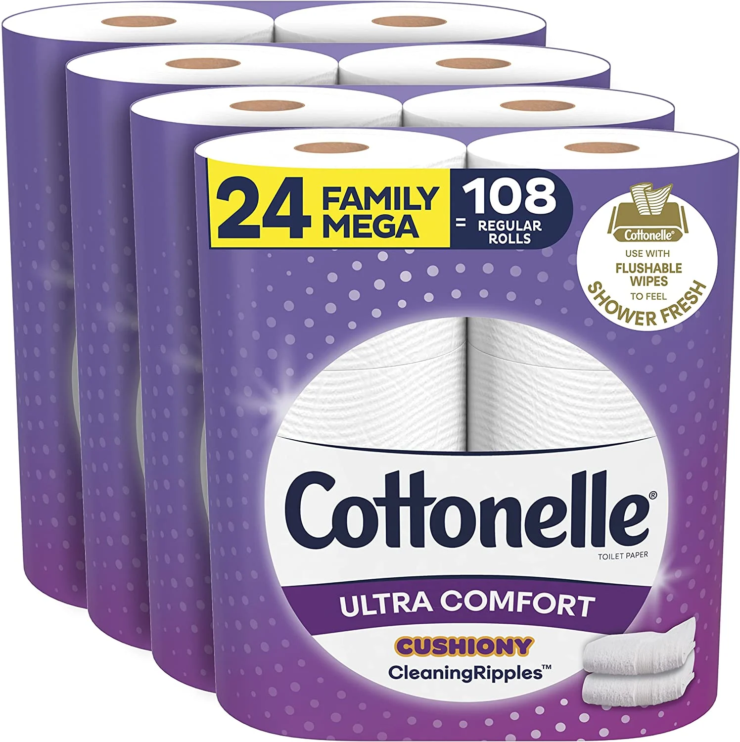Cottonelle Ultra Comfort Toilet Paper with Cushiony CleaningRipples Texture, 24 Family Mega Rolls (24 Family Mega Rolls = 108 regular rolls) (4 Packs of 6 Rolls) 325 Sheets per Roll