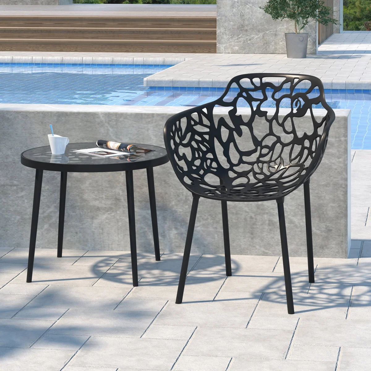 LeisureMod Devon Tree Design Glass Top Aluminum Base Indoor Outdoor End Table