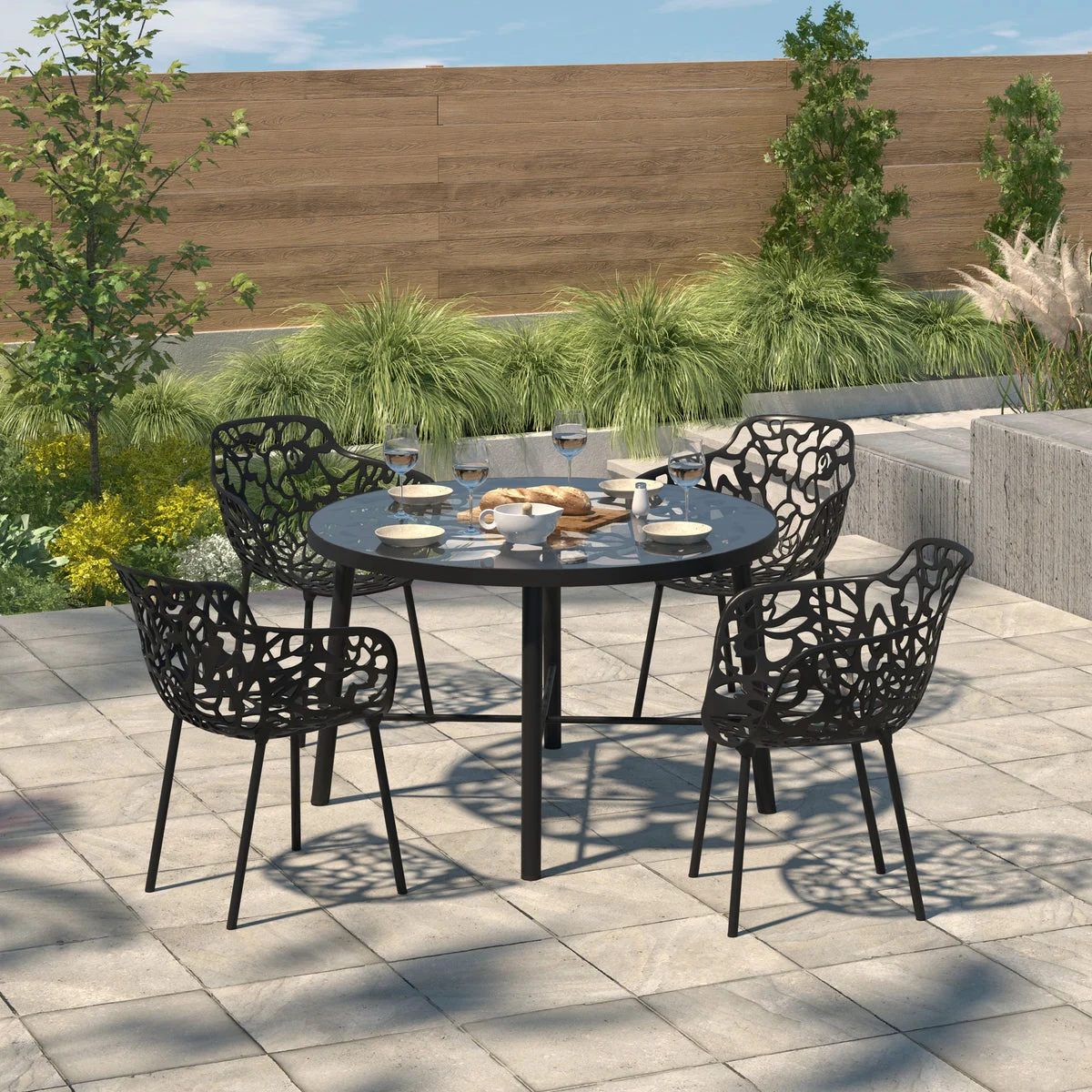 LeisureMod Devon Tree Design Glass Top Aluminum Base Indoor Outdoor Dining Table