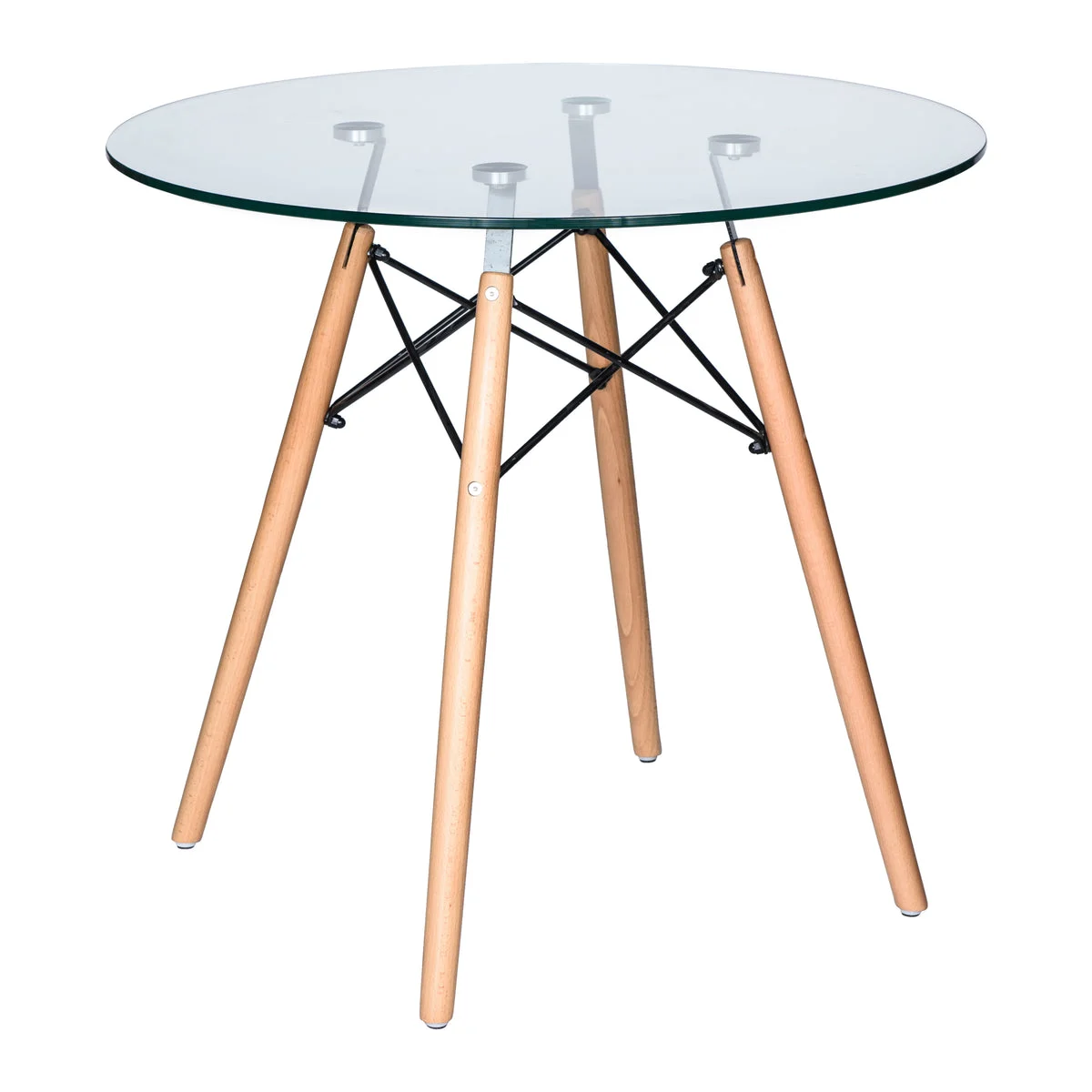LeisureMod Dover Round Bistro Glass Top Dining Table W/ Natural Wood Eiffel Base Clear