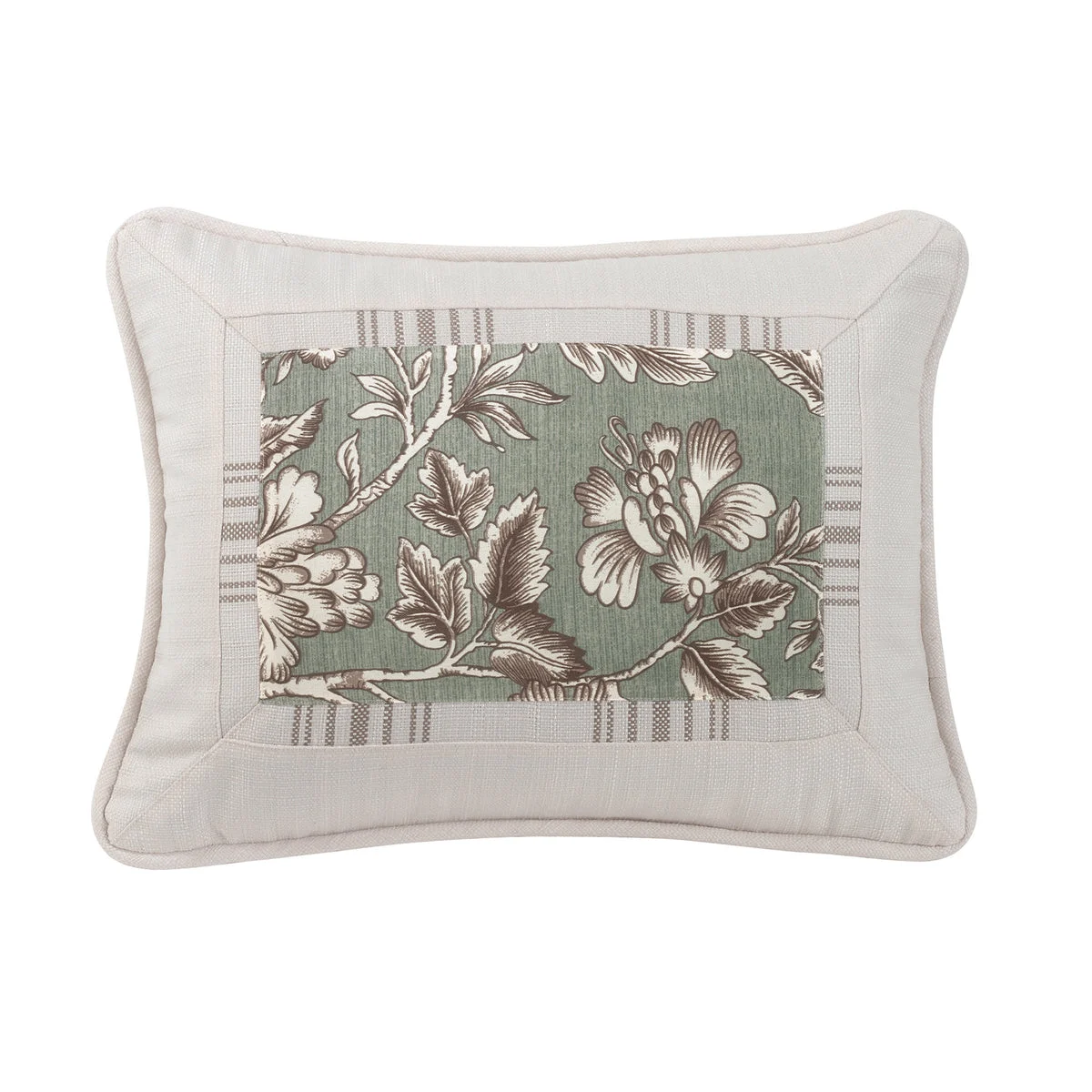 HiEnd Accents Printed oblong pillow with mitered trim of stripe and white linen texture
