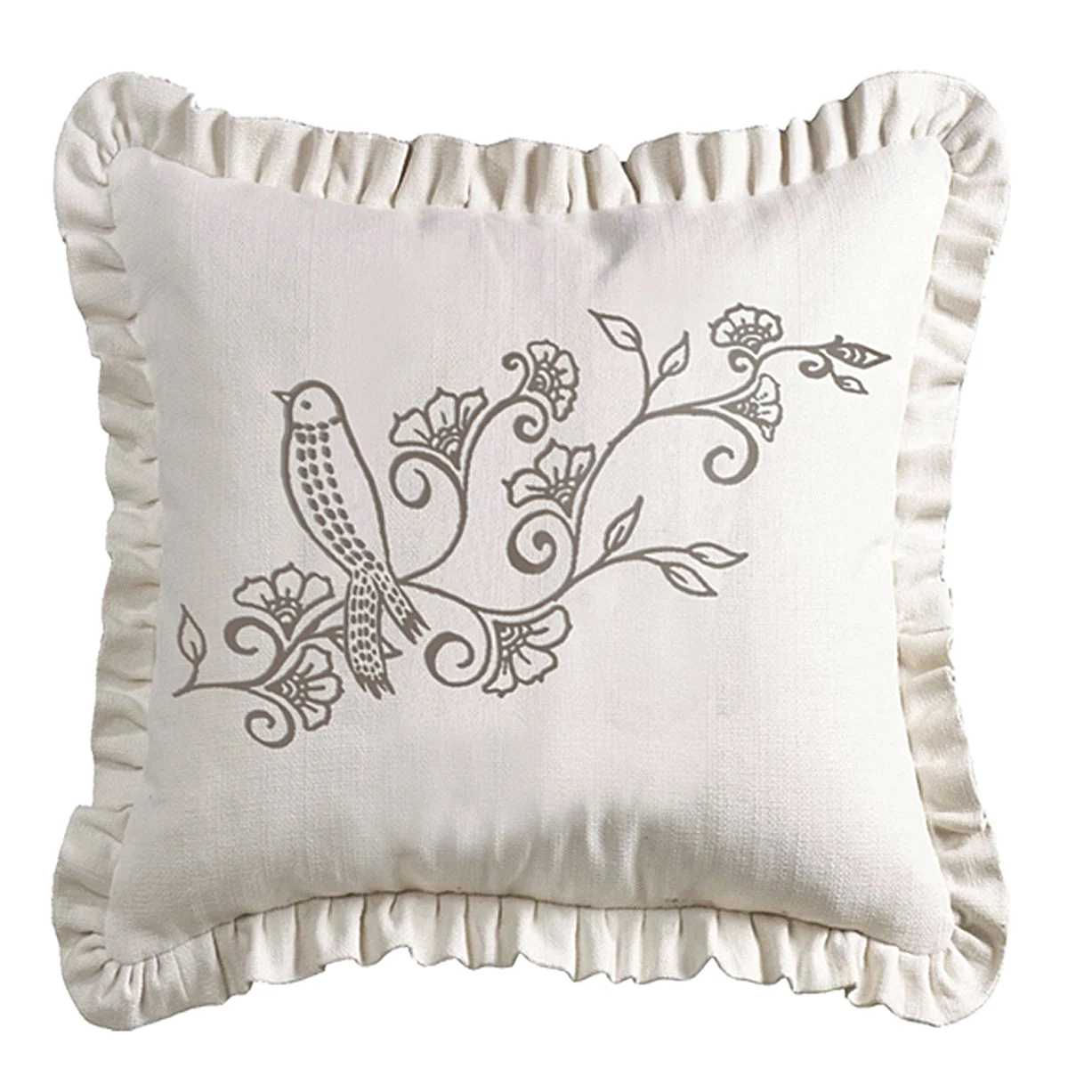 HiEnd Accents White linen weave ruffled pillow with embroidery detail