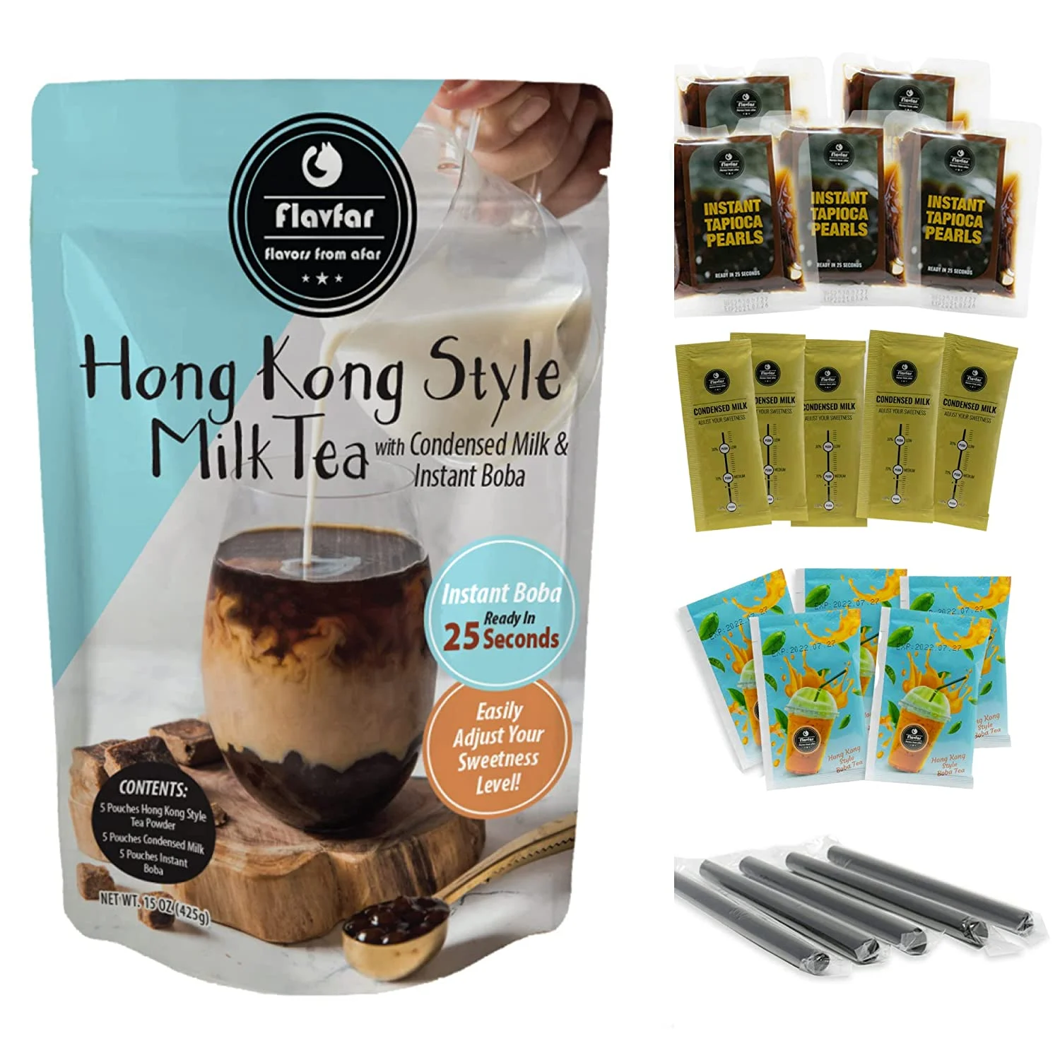 Flavfar Hong Kong Style Milk Tea with Instant Tapioca Pearls – Authentic Yuenyeung Milk Bubble Tea Kit with Low Calorie, Brown Sugar Boba & Sweetened Condensed Milk – All Natural & Made in Taiwan – 5 Pack (Hong Kong Milk Tea)