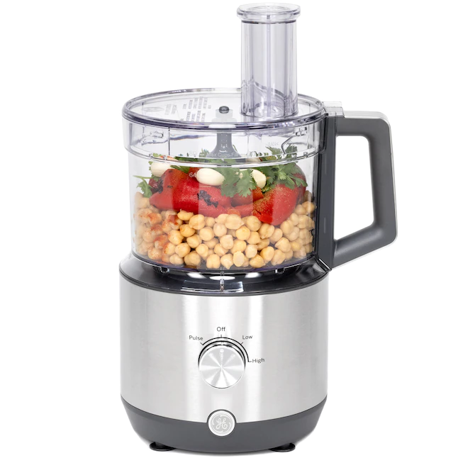 GE Food Processor | 12 Cup | Complete With 3 Feeding Tubes, Stainless Steel Mixing Blade & Shredding Disc | 3 Speed | Great for Shredded Cheese, Chicken & More | Kitchen Essentials | 550 Watts